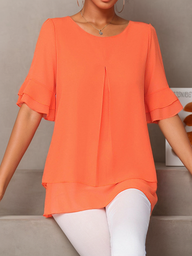 Women's Half Sleeve Blouse Summer Orange Plain Chiffon Crew Neck Ruffle Sleeve Daily Going Out Casual Tunic Top - Just Fashion Now - Modalova
