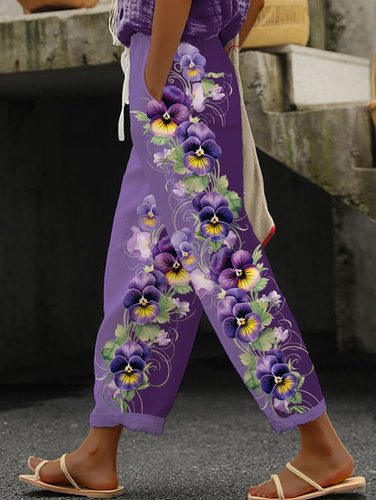 Women's Elastic Waist H-Line Straight Pants Daily Going Out Pants Purple Casual Floral Color Block Summer Pants Alzheimer - Just Fashion Now - Modalova