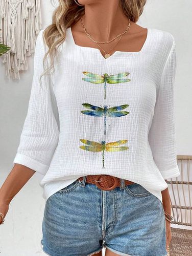 Women's 3/4 Sleeve Blouse Spring/Fall White Dragonfly Cotton Notched Daily Going Out Simple Top - Just Fashion Now - Modalova