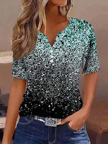 Notched Casual Random Print Knitted T-Shirt - Just Fashion Now - Modalova