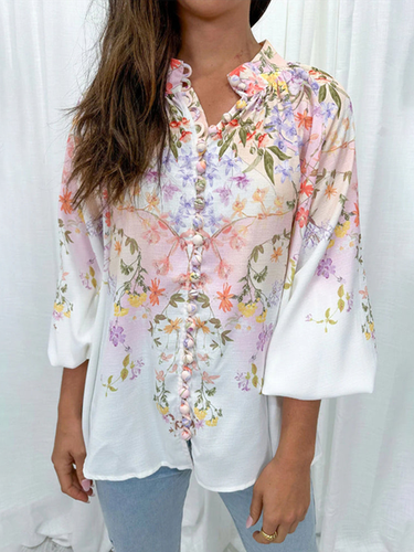 Women's Half Sleeve Blouse Summer White Floral Buckle Stand Collar Daily Going Out Casual Top - Just Fashion Now - Modalova