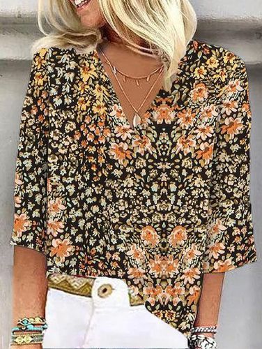 Casual Floral Loose V Neck Blouse - Just Fashion Now - Modalova