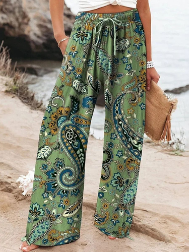 Women's Elastic Waist H-Line Wide Leg Pants Daily Going Out Pants Green Casual Ethnic Spring/Fall Pants - Just Fashion Now - Modalova