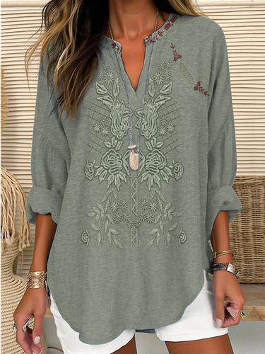 Women's Long Sleeve Blouse Spring/Fall Green Floral V Neck Daily Going Out Casual Top - Just Fashion Now - Modalova