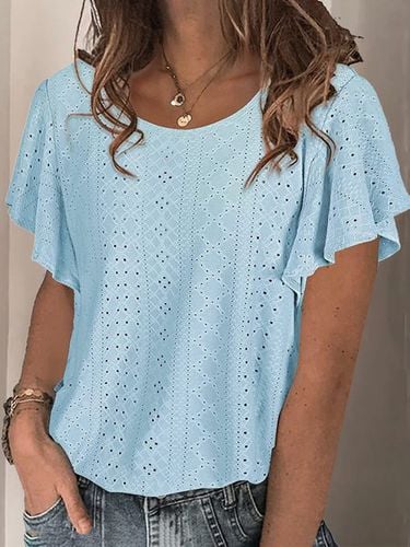 Crew Neck Plain Lace Casual T-Shirt - Just Fashion Now - Modalova