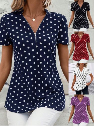 Women's Short Sleeve Shirt Summer Dark Blue Polka Dots Zipper V Neck Going Out Top - Just Fashion Now - Modalova