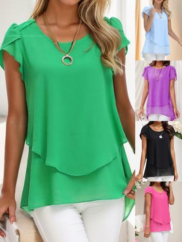 Women's Short Sleeve Shirt Summer Green Chiffon Crew Neck Daily Going Out Top - Just Fashion Now - Modalova