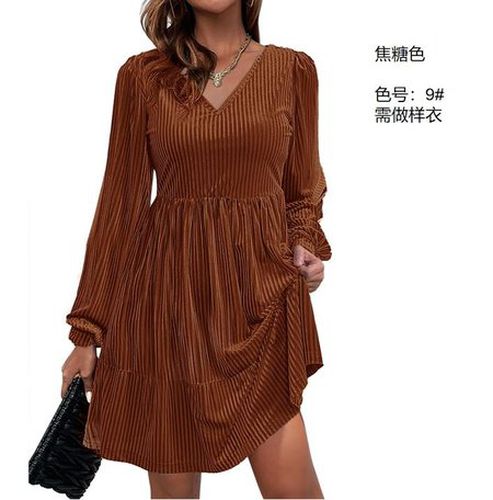 Women's Long Sleeve Summer Nudepink Plain V Neck Balloon Sleeve Daily Going Out Casual Knee Length A-Line Dress - Just Fashion Now - Modalova