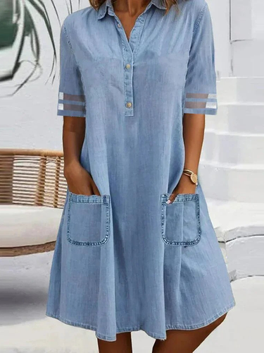 Denim Casual Pocket Stitching Shirt Dress - Just Fashion Now - Modalova