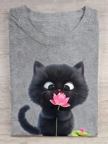 Crew Neck Cat Cotton Casual T-Shirt - Modetalente - Modalova