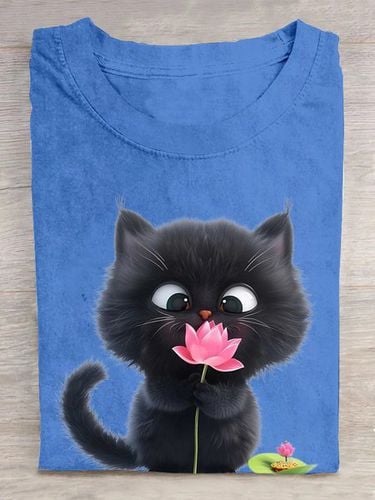 Crew Neck Cat Cotton Casual T-Shirt - Modetalente - Modalova