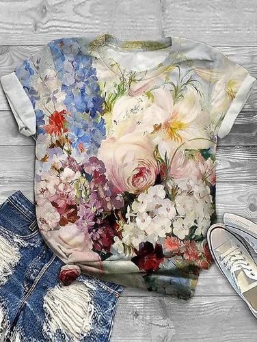 Casual Floral Jersey Crew Neck T-Shirt - Just Fashion Now - Modalova