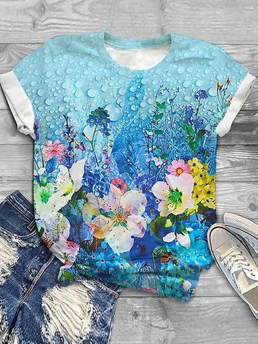 Casual Floral Jersey Crew Neck T-Shirt - Just Fashion Now - Modalova