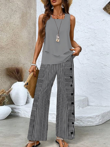 Grey Square Neck Striped Two Piece Set - Just Fashion Now - Modalova