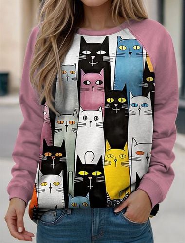 Casual Cat Crew Neck Loose Sweatshirt - Just Fashion Now - Modalova