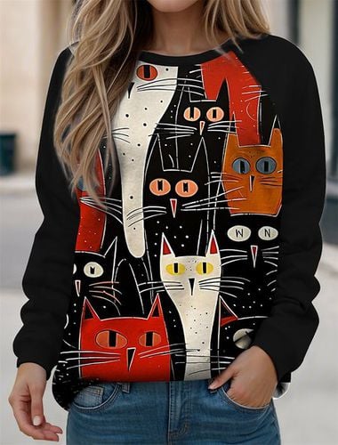 Casual Cat Crew Neck Loose Sweatshirt - Just Fashion Now - Modalova