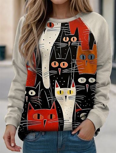 Casual Cat Crew Neck Loose Sweatshirt - Just Fashion Now - Modalova