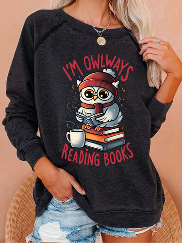 Owlways Reading Books Text Letters Casual Crew Neck Sweatshirt - Modetalente - Modalova