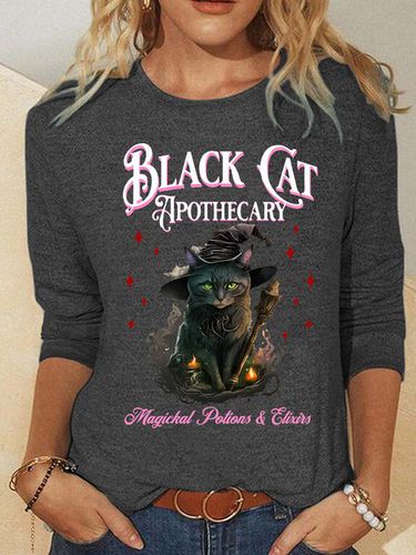 Black Cat Apothecary Halloween Casual Long Sleeve Shirt - Just Fashion Now - Modalova