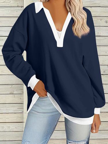 Women's Long Sleeve Blouse Spring/Fall Aqua Color Block V Neck Daily Going Out Casual Top - Just Fashion Now - Modalova