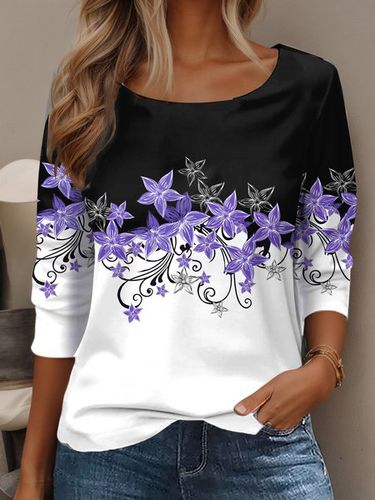 Women's Long Sleeve T-shirt Spring/Fall Black Floral Jersey Crew Neck Daily Going Out Casual Top - Just Fashion Now - Modalova