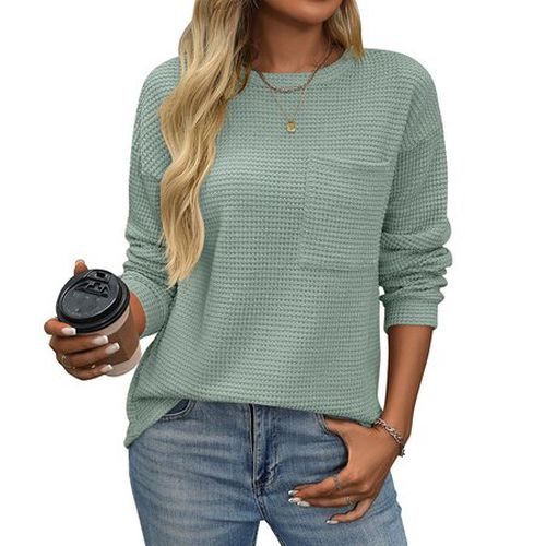 Women's Long Sleeve Blouse Spring/Fall Khaki Plain Pocket Stitching Crew Neck Daily Going Out Casual Top - Just Fashion Now - Modalova