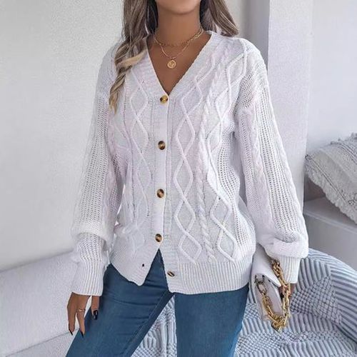 Casual Buckle Wool/Knitting V Neck Cardigan - Just Fashion Now - Modalova