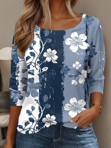 Women's Long Sleeve T-shirt Spring/Fall Blue Floral Jersey Crew Neck Daily Going Out Casual Top - Just Fashion Now - Modalova