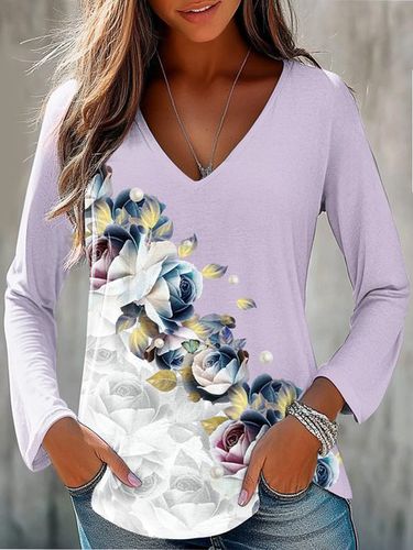 Women's Long Sleeve T-shirt Spring/Fall lavender Floral Jersey V Neck Daily Going Out Casual Top - Just Fashion Now - Modalova