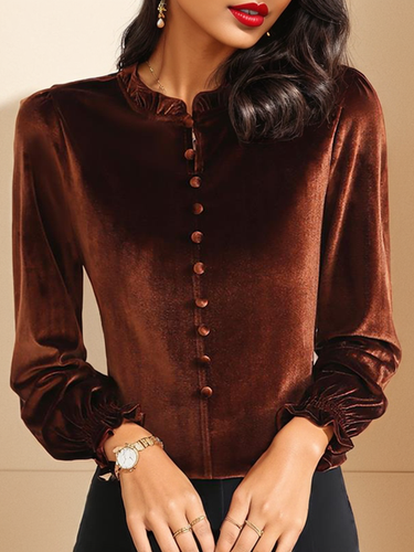 Women's Long Sleeve Blouse Spring/Fall Green Plain Buckle Velvet Lotus Leaf Collar Daily Going Out Casual Top - Just Fashion Now - Modalova