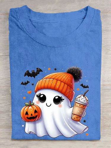 Fun Halloween Pumpkin Printed Round Neck T-shirt - Just Fashion Now - Modalova