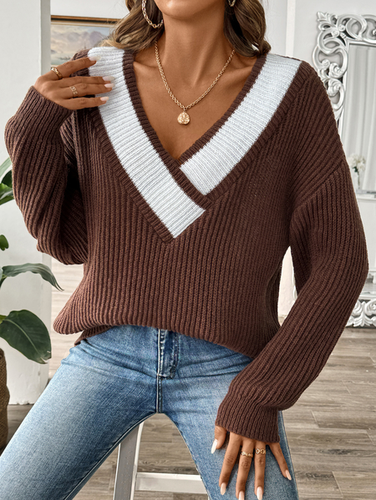 V neck Wool/Knitting Long Sleeve Loose Color Block Casual Sweater - Just Fashion Now - Modalova