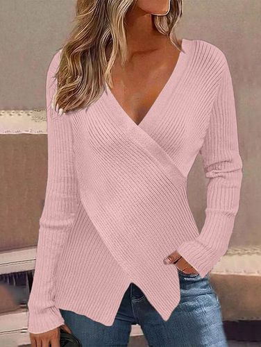 Cross Neck Plain Cross Casual Sweater - Just Fashion Now - Modalova