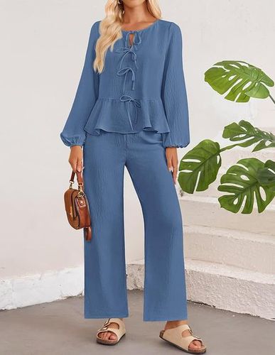 Women's Bow Plain Daily Going Out Two-Piece Set Apricot Casual Spring/Fall Top With Pants Matching Set - Just Fashion Now - Modalova