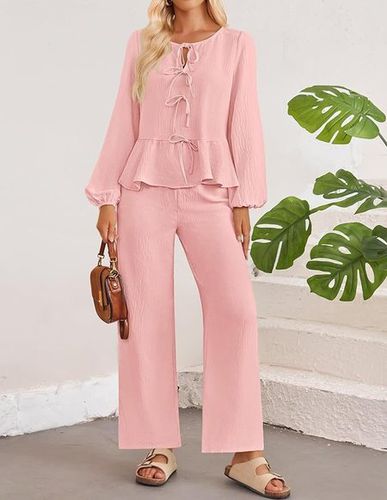 Women's Bow Plain Daily Going Out Two-Piece Set Apricot Casual Spring/Fall Top With Pants Matching Set - Just Fashion Now - Modalova