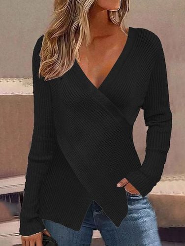 Cross Neck Plain Cross Casual Sweater - Just Fashion Now - Modalova