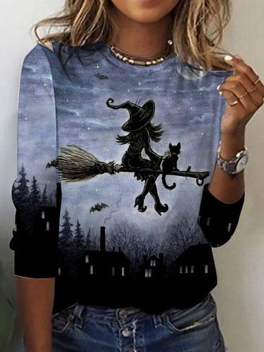 Halloween Witch Print Long Sleeve T-Shirt - Just Fashion Now - Modalova