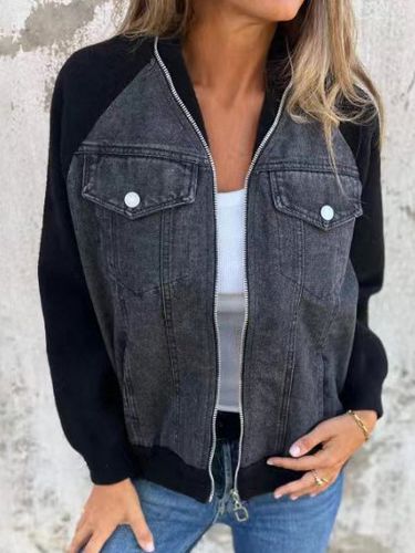 Loose Contrast Stitching Denim Casual Jacket - Just Fashion Now - Modalova