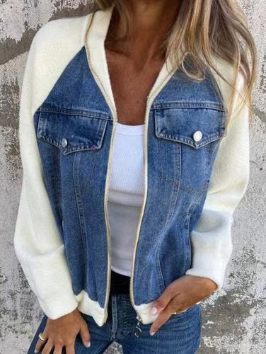 Loose Contrast Stitching Denim Casual Jacket - Just Fashion Now - Modalova