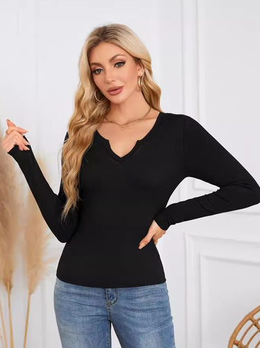 Women's Long Sleeve T-shirt Spring/Fall Black Plain V Neck Daily Going Out Casual Top - Just Fashion Now - Modalova