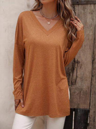 Women's Long Sleeve T-shirt Spring/Fall Brown Plain V Neck Daily Going Out Casual Top - Just Fashion Now - Modalova