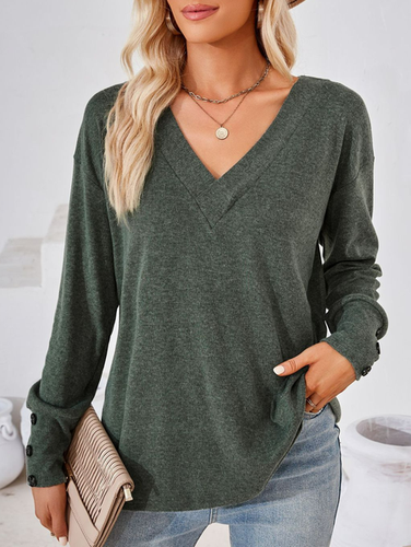 Women's Long Sleeve T-shirt Spring/Fall Black Plain Buckle V Neck Daily Going Out Casual Top - Just Fashion Now - Modalova