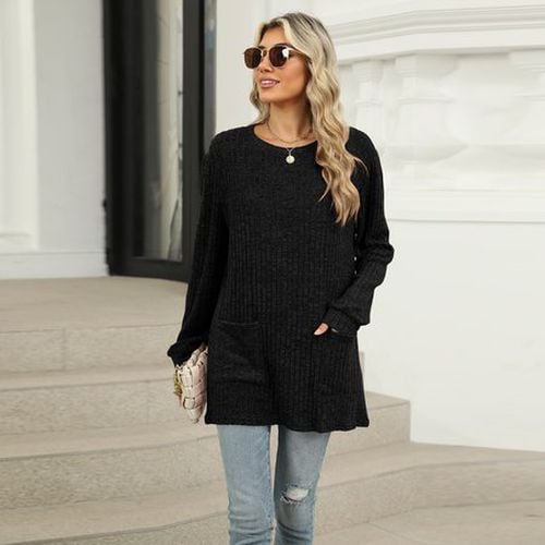 Women's Long Sleeve Blouse Spring/Fall Black Plain Pocket Stitching Crew Neck Daily Going Out Casual Top - Just Fashion Now - Modalova