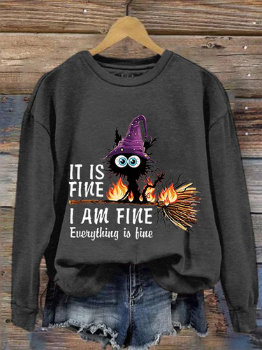 It's Fine I'm Fine Black Cat Print Crew Neck Sweatshirt - Just Fashion Now - Modalova