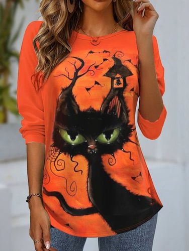 Women's Long Sleeve T-shirt Spring/Fall Orange Red Cat Jersey Crew Neck Daily Going Out Casual Top - Just Fashion Now - Modalova