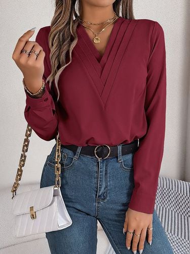 Loose Plain V Neck Casual Blouse - Just Fashion Now - Modalova