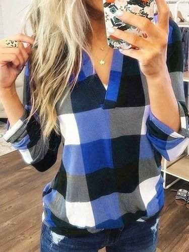 Casual V Neck Plaid Loose Blouse - Just Fashion Now - Modalova