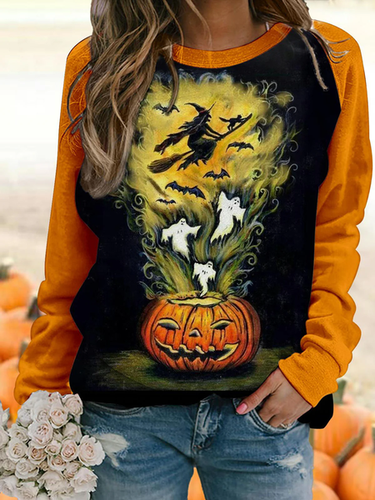 Halloween Pumpkin Print Sweatshirt - Just Fashion Now - Modalova