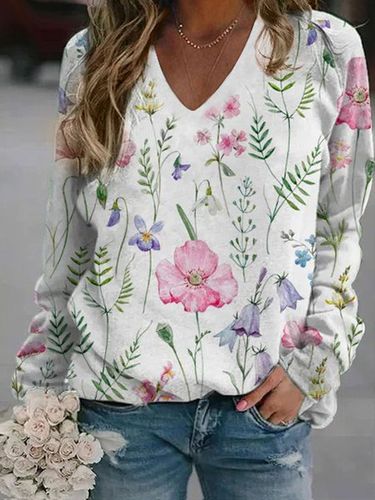 Floral Casual V-neck Sweatshirt - Just Fashion Now - Modalova