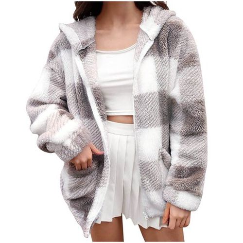 Loose Plaid Hoodie Casual Teddy Jacket - Just Fashion Now - Modalova